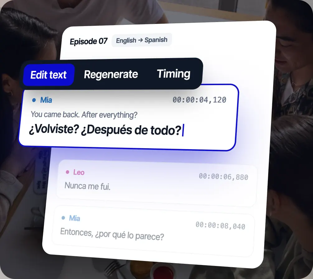 Editor de linhas do Rask para o Episódio 07, de inglês para espanhol: uma linha da Mia a ser editada, com ações para Editar texto, Regenerar e Sincronizar