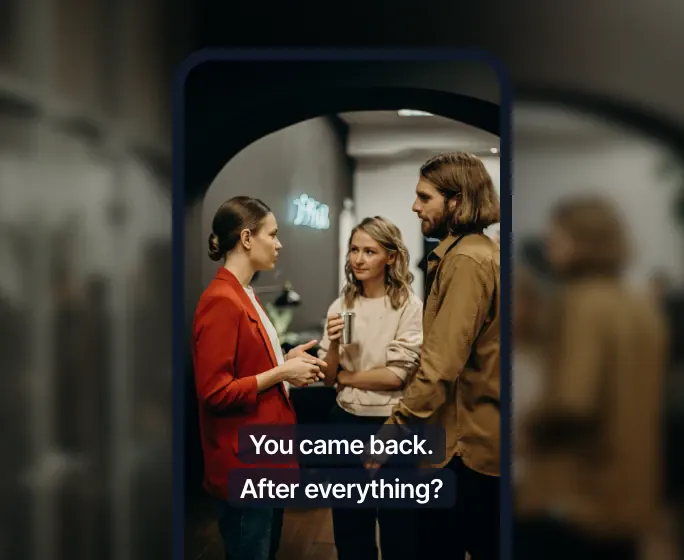 Um episódio dramático curto em formato vertical num ecrã de telemóvel com as legendas “Voltaste. Depois de tudo?”