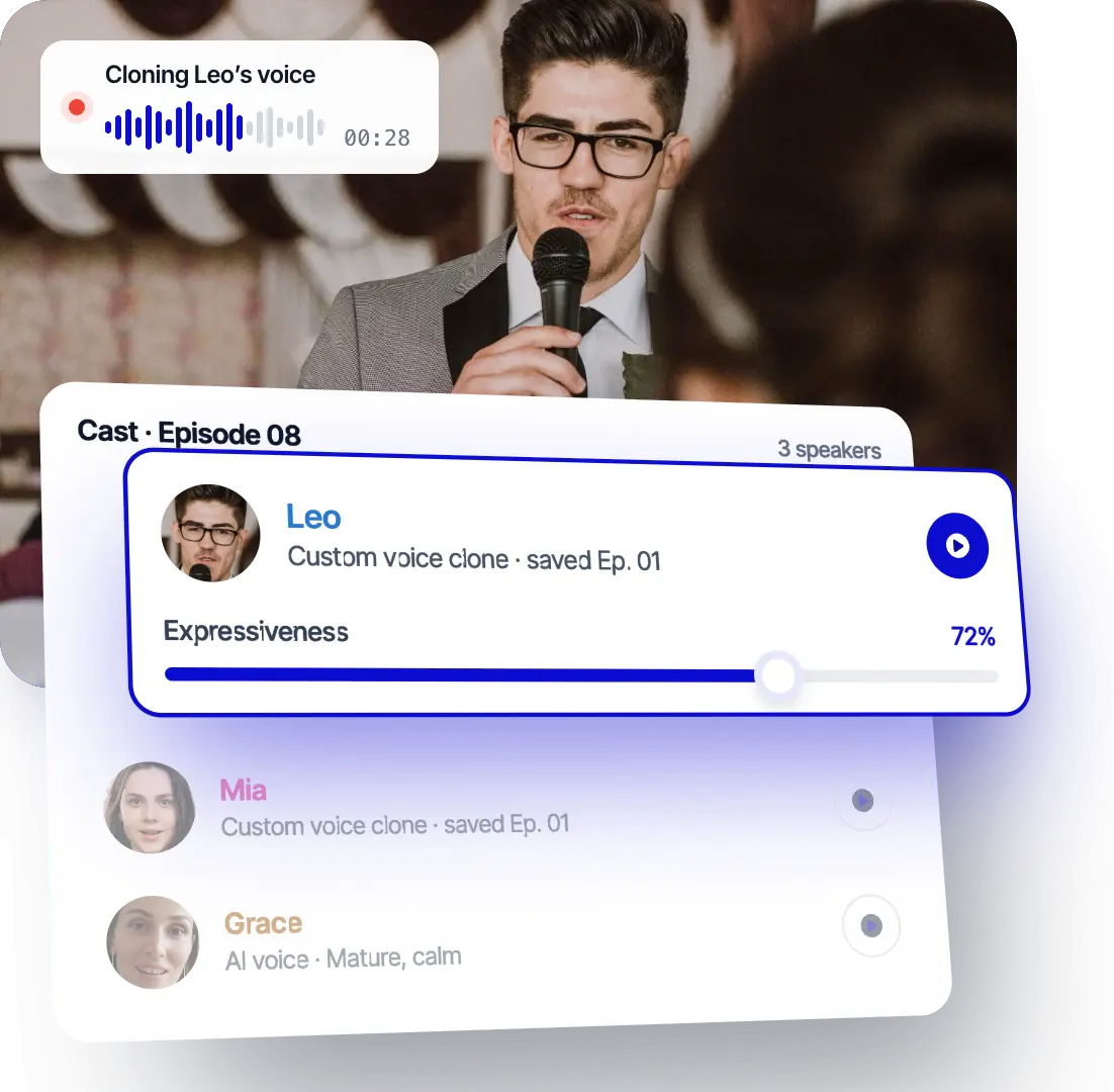 A clonagem da voz do Leo no Rask e o elenco do Episódio 08: Leo e Mia com clonagens de voz personalizadas guardadas no Episódio 01, Grace com uma voz IA e um controle deslizante de expressividade em 72%